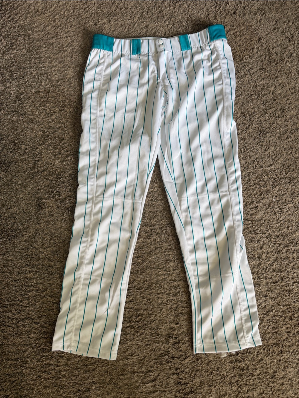 White Baseball Pants with Teal Pinstripes